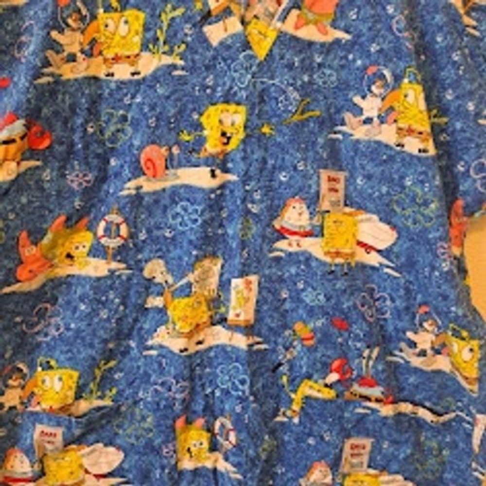 SpongeBob SquarePants Blue Scrub Top V-Neck Pockets Bikini Bottom Print Large